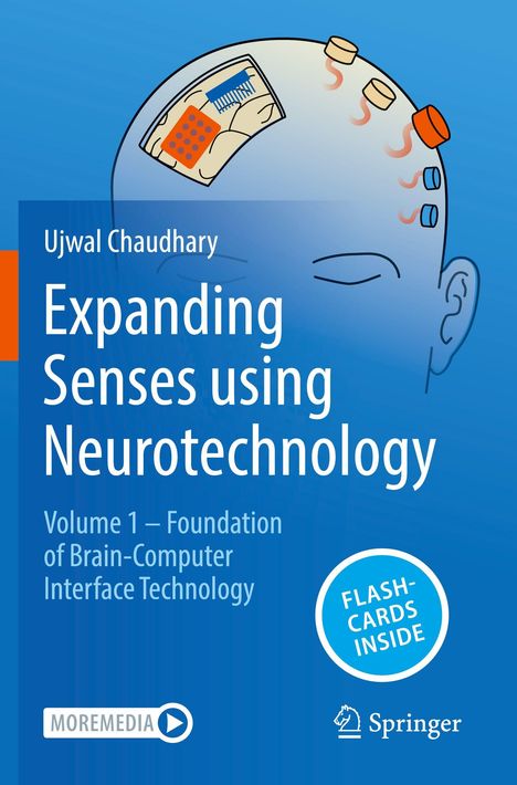 Titel: "Expanding Senses using Neurotechnology". 
Illustration eines Kopfes mit Implantaten, blauer Hintergrund.