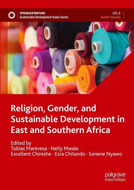 Cover des Buches “Religion, Gender, and Sustainable Development in East and Southern Africa” mit bunten Stoffrollen.