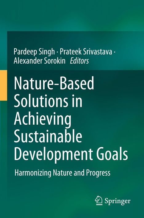 Buchcover: "Nature-Based Solutions in Achieving Sustainable Development Goals." Grün mit gelbem Streifen links. Springer-Logo rechts.