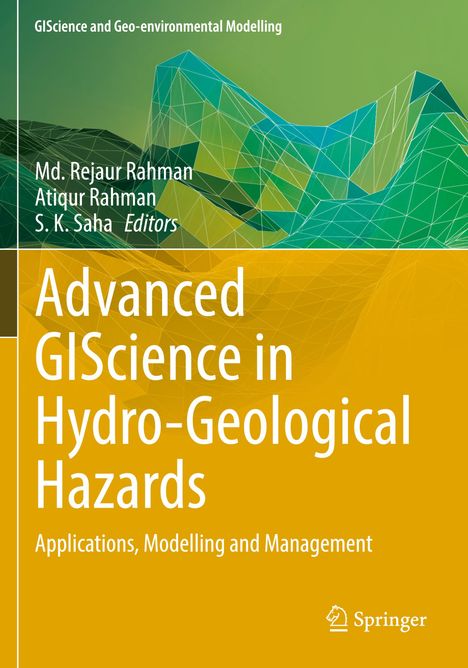 Titel: Advanced GIScience in Hydro-Geological Hazards. Oben geometrische Bergdarstellung, unten gelber Hintergrund.