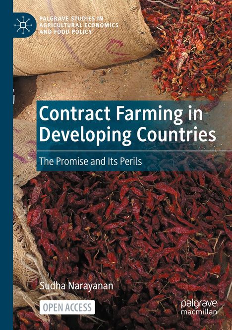 Der Text beschreibt ein Buch über Vertragslandwirtschaft in Entwicklungsländern. Hintergrund: rote Chilischoten und Jutesäcke.