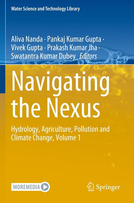 „Navigating the Nexus: Hydrology, Agriculture, Pollution and Climate Change, Volume 1“ in weißem Text auf gelbem Hintergrund.