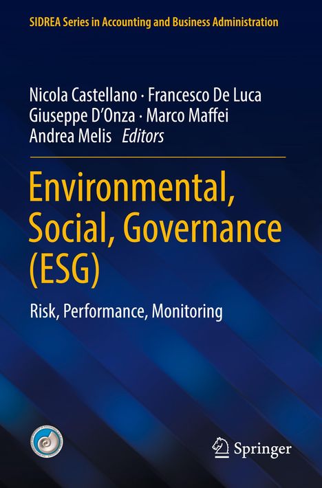 Text: "Environmental, Social, Governance (ESG). Risk, Performance, Monitoring." Hintergrund: Blaue diagonale Streifen. Logo unten.