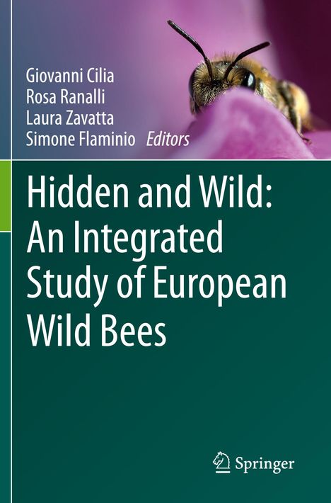 Titel: "Hidden and Wild: An Integrated Study of European Wild Bees". Nahaufnahme einer Biene auf einer Blüte.
