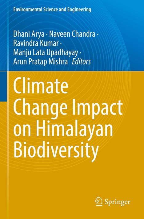 Text: "Climate Change Impact on Himalayan Biodiversity." Oben blaue, unten gelbe Fläche, Springer-Logo rechts unten.