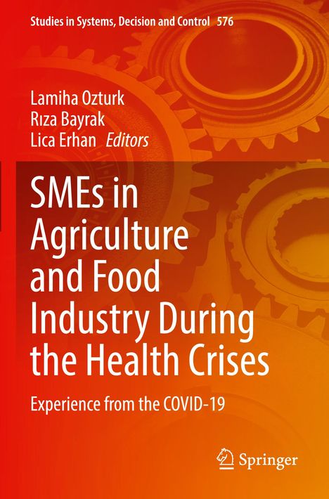 "SMEs in Agriculture and Food Industry During the Health Crises: Experience from the COVID-19." Orange Hintergrund mit Zahnrädern.