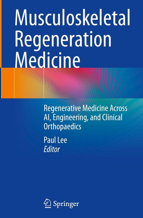 "Musculoskeletal Regeneration Medicine" zeigt einen blauen Hintergrund mit einem bunten, abstrakten Farbverlauf.