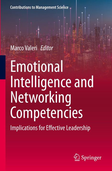 Buchtitel: "Emotional Intelligence and Networking Competencies". Hintergrund: Stadtansicht mit Datenlinien.