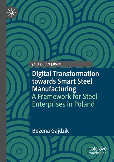 "palgrave⟩pivot", "Digital Transformation towards Smart Steel Manufacturing", "A Framework for Steel Enterprises in Poland" von Bożena Gajdzik. Die Illustration zeigt grüne Kreise auf dunkelgrünem Hintergrund.