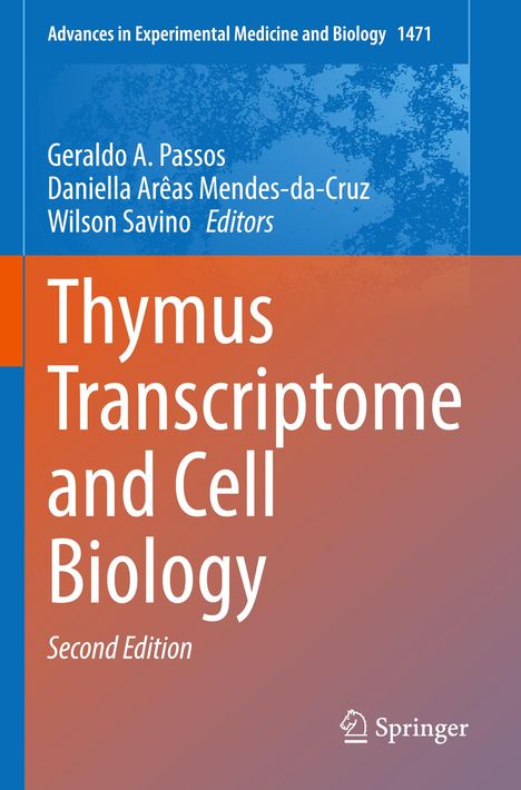 "Thymus Transcriptome and Cell Biology, Second Edition." Blaue und orange farbliche Gestaltung mit Springer-Logo.