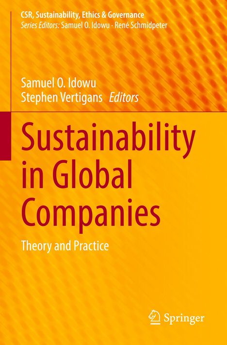 Buchtitel: "Sustainability in Global Companies". Autoren: Samuel O. Idowu, Stephen Vertigans. Gelber Hintergrund mit Logo.