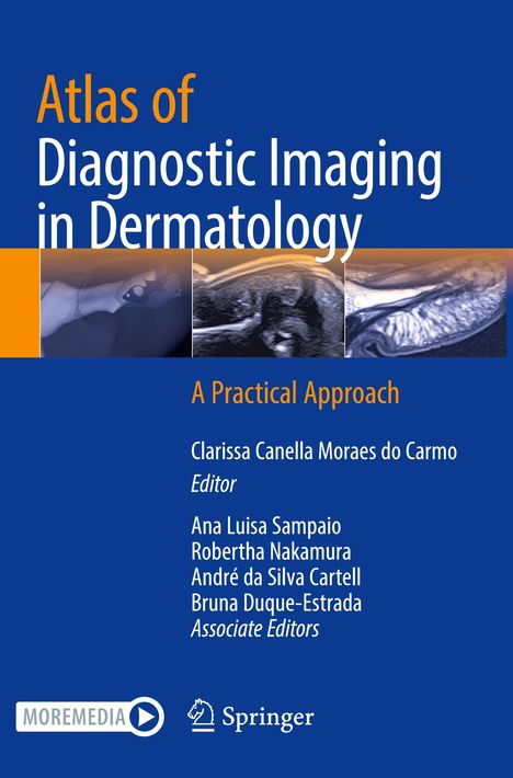 Der Titel lautet "Atlas of Diagnostic Imaging in Dermatology". Darunter Ultraschallbilder und blaue, orangefarbene Grafiken.