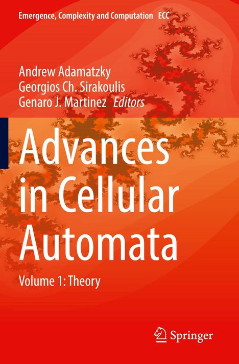 Texte: "Advances in Cellular Automata", "Volume 1: Theory". Hintergrund in Rot und Orange mit fraktalem Muster.