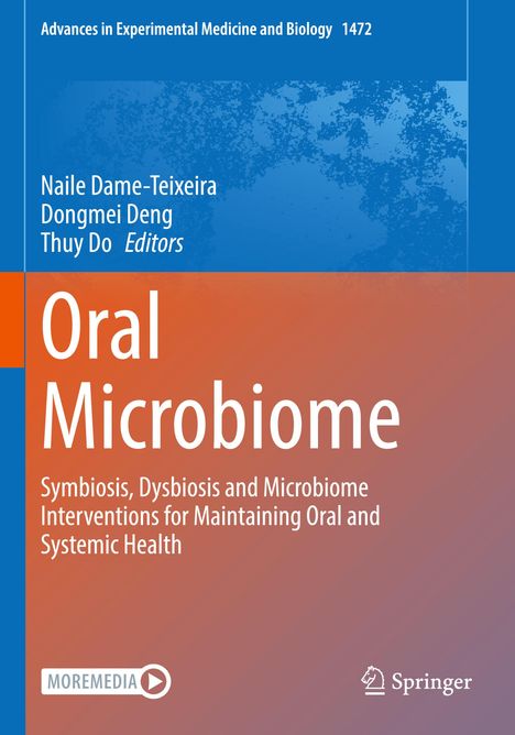 Titel: "Oral Microbiome". Themen: Symbiose, Dysbiose, Interventionen, Mund- und systemische Gesundheit. Blau-orangener Hintergrund.