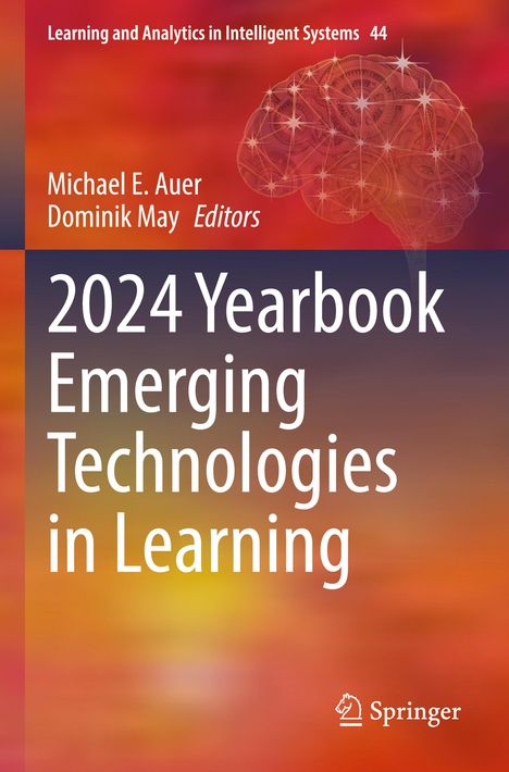 „2024 Yearbook Emerging Technologies in Learning“, mit orange-rotem Hintergrund und einem neuronalen Netzwerk.
