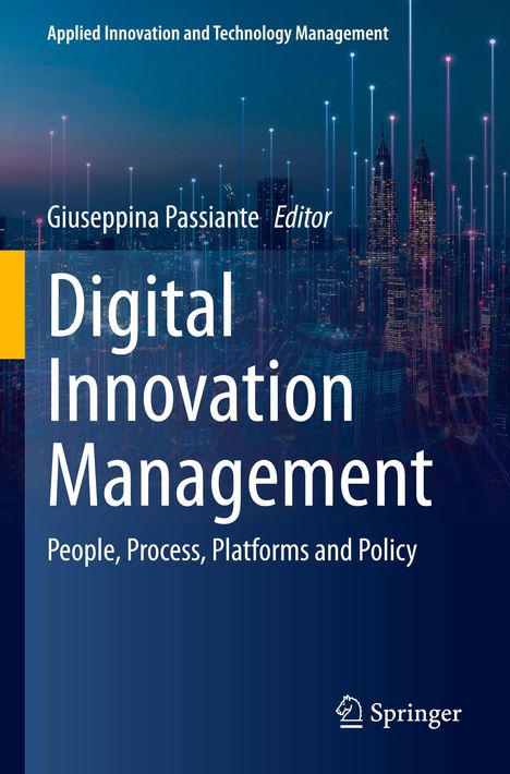 Digital Innovation Management: People, Process, Platforms and Policy. Skyline bei Nacht mit leuchtenden Linien und Punkten.