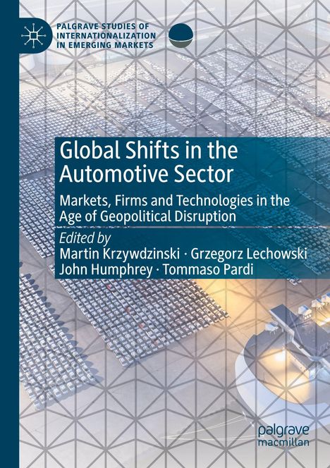 Text: "Global Shifts in the Automotive Sector" von Martin Krzywdzinski et al. Hintergrund: Viele parkende Autos.
