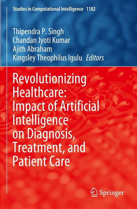 Text: Revolutionizing Healthcare: Impact of AI on Diagnosis, Treatment, and Patient Care. Hintergrund: Blau und Rot.
