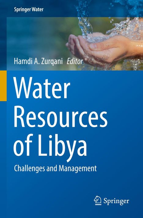 "Water Resources of Libya: Challenges and Management." Hände halten Wasser. Springer-Logo unten.