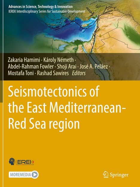 „Seismotectonics of the East Mediterranean-Red Sea region“ in Weiß auf Gelb; oben Kartenansicht mit geologischen Linien.