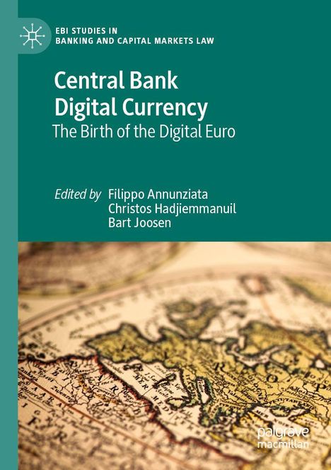„Central Bank Digital Currency: The Birth of the Digital Euro“ steht vor einer alten Europakarte in warmen Farben.