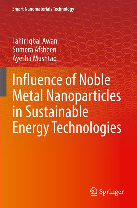 Buchtitel: "Influence of Noble Metal Nanoparticles in Sustainable Energy Technologies". Autoren: Tahir Iqbal Awan, Sumera Afsheen, Ayesha Mushtaq. Hintergrund: Rotes Muster. Logos: Springer.