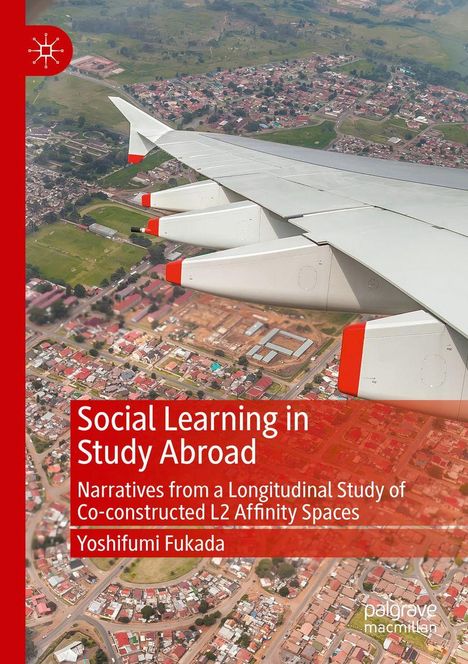 "Social Learning in Study Abroad" von Yoshifumi Fukada vor Luftaufnahme einer Stadt mit Flugzeugflügel im Vordergrund.