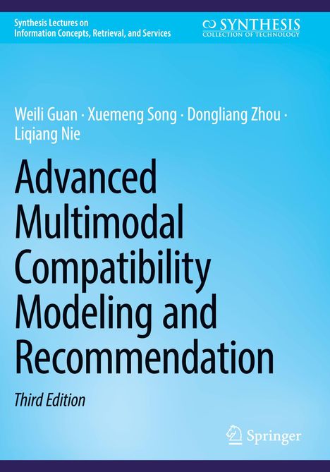 Buchtitel: "Advanced Multimodal Compatibility Modeling and Recommendation, Third Edition." Türkises Design mit Logo.