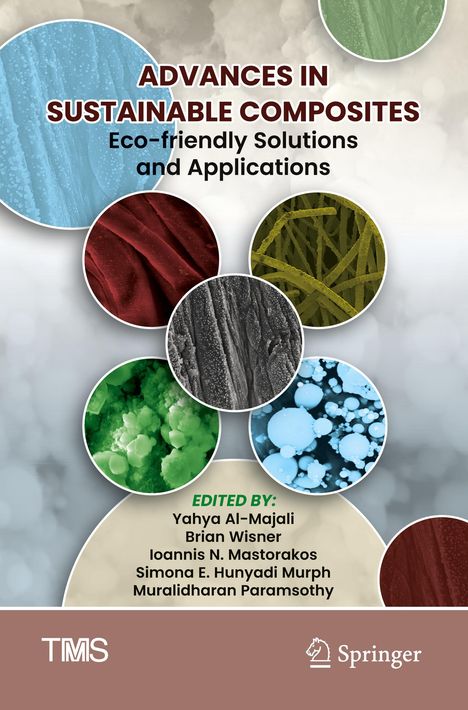 Texte: "Advances in Sustainable Composites" hervorstechend, darunter "Eco-friendly Solutions and Applications". Verschiedene bunte mikroskopische Strukturen in Kreisen.