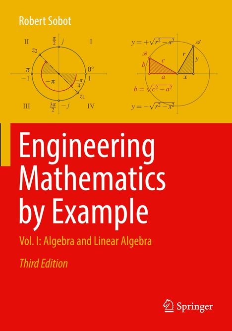 "Engineering Mathematics by Example", Kreisdiagramme mit Winkeln, Text und Gleichungen, gelb-roter Hintergrund, Springer-Logo.