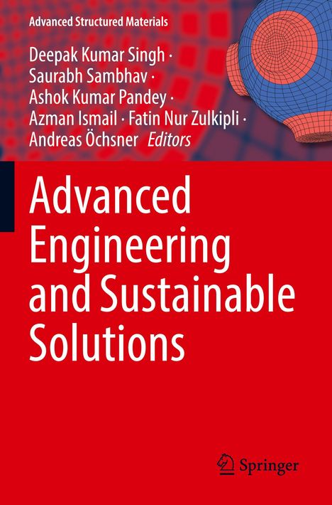 "Advanced Engineering and Sustainable Solutions". Rote Schrift auf blauem Hintergrund, geometrisches Muster rechts.