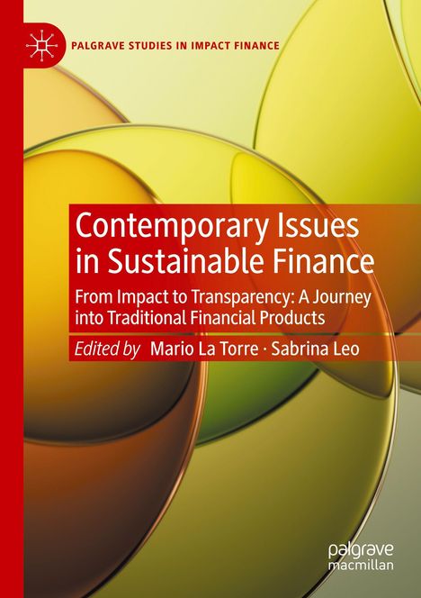 "Contemporary Issues in Sustainable Finance" von Mario La Torre und Sabrina Leo. Bunte, überlappende Kreise im Hintergrund.