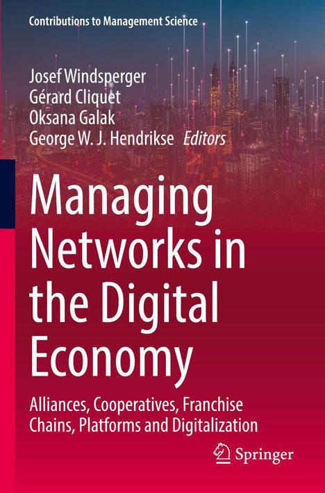 Titel: "Managing Networks in the Digital Economy". Roter Hintergrund, stilisierte Stadt im Hintergrund.
