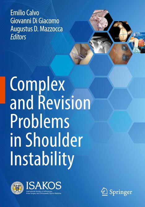 „Complex and Revision Problems in Shoulder Instability“ steht groß auf blauem Hintergrund mit medizinischen Hexagon-Bildern.