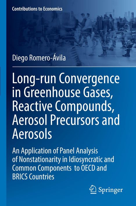 "Long-run Convergence in Greenhouse Gases...," von Diego Romero-Ávila. Stadtbild im Hintergrund, Logo von Springer.