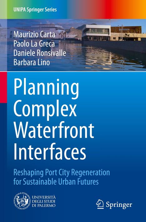 Text: "Planning Complex Waterfront Interfaces" und Autorennamen. Farbverlauf von grün zu blau mit einem Hafenbild oben.
