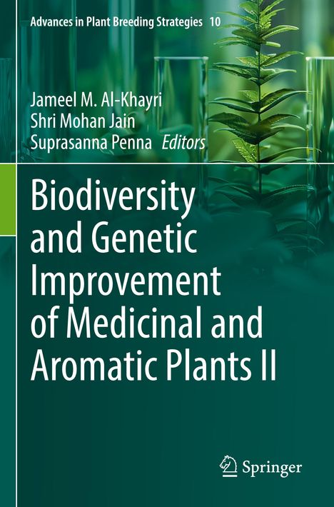 Titel: "Biodiversity and Genetic Improvement of Medicinal and Aromatic Plants II". Grüner Hintergrund mit Pflanze.