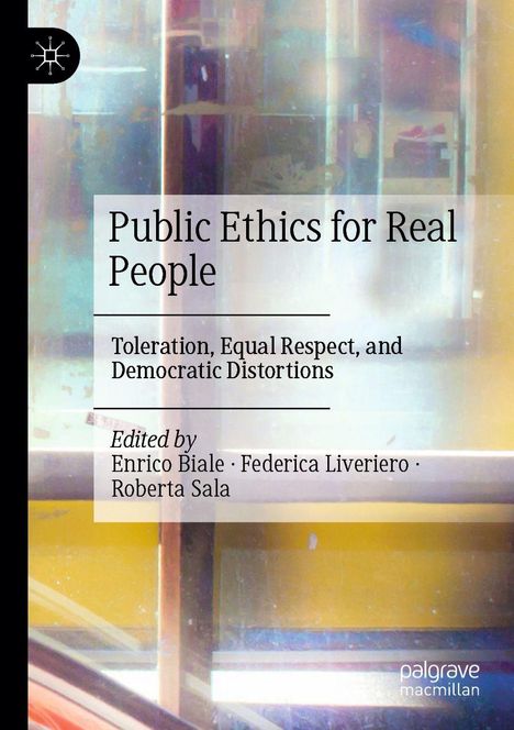 "Public Ethics for Real People" Text auf abstraktem buntem Hintergrund mit schwarzem Rand und Verlagslogo links oben.