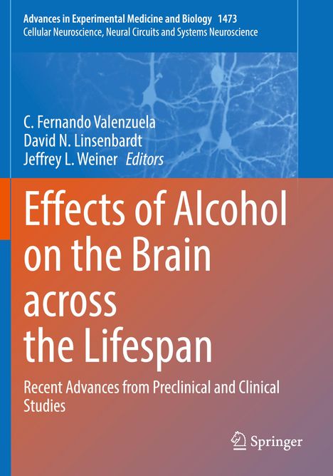 "Effects of Alcohol on the Brain across the Lifespan" in großen weißen Buchstaben. Oberer Teil blau mit neuronalen Strukturen. Springer-Logo.