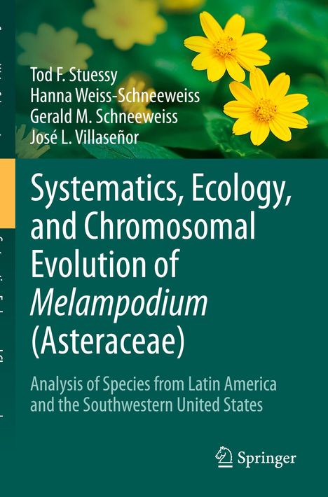Buchtitel: Systematics, Ecology, and Chromosomal Evolution of Melampodium (Asteraceae). Gelbe Blumen auf grünem Hintergrund.