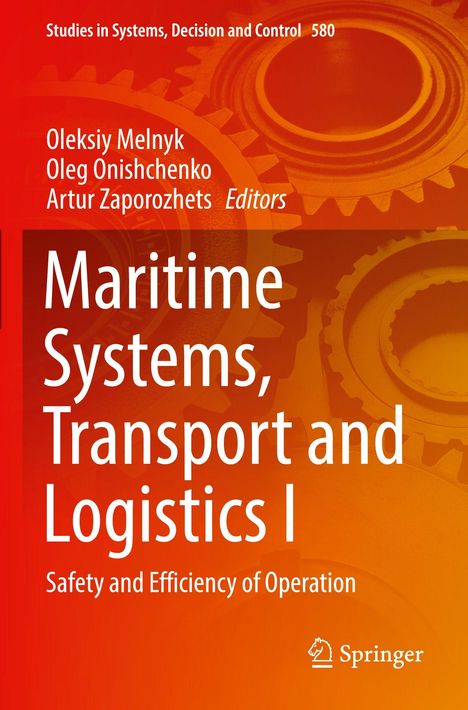 "Maritime Systems, Transport and Logistics I. Safety and Efficiency of Operation. Oranger Hintergrund mit Zahnrädern."