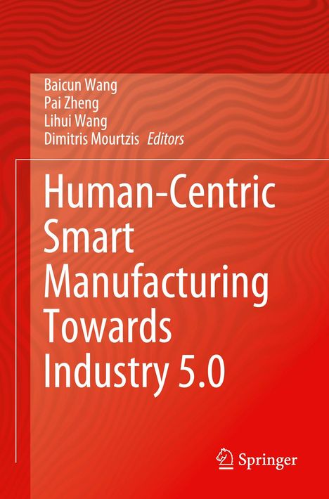 "Human-Centric Smart Manufacturing Towards Industry 5.0." Roter Hintergrund mit wellenförmigem Muster.