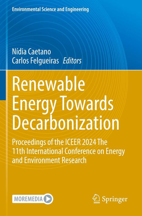 "Renewable Energy Towards Decarbonization" - Wissenschaftsbuch mit blau-goldenem Cover, Herausgeber-Namen und Verlagslogo.