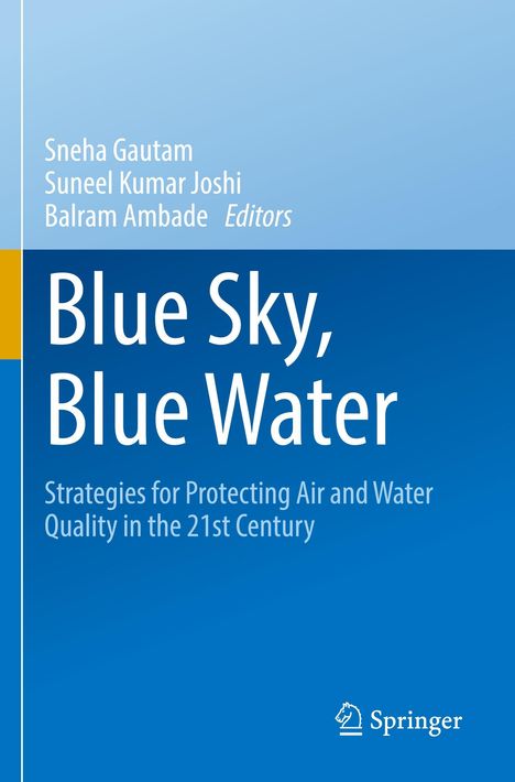 Titel: "Blue Sky, Blue Water". Untertitel: Strategien für Luft- und Wasserqualität. Blaues, minimalistisches Design.