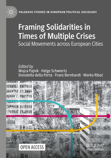 Titel: "Framing Solidarities in Times of Multiple Crises". Grauer Hintergrund, bunte Linien, architektonisches Muster.