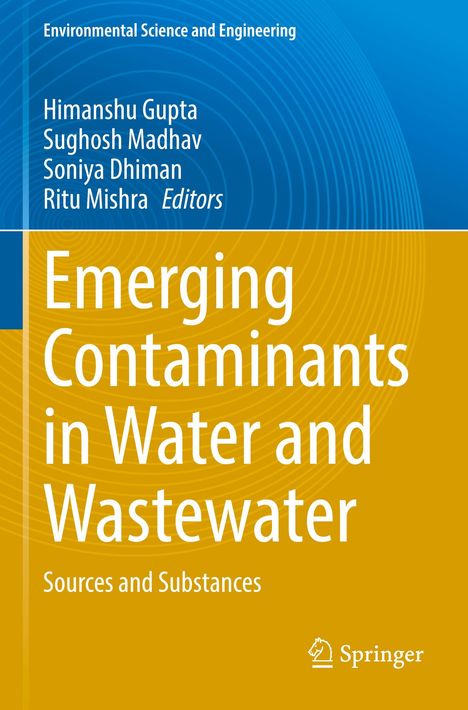 "Emerging Contaminants in Water and Wastewater" von Himanshu Gupta et al. Springer-Logo unten, blau-gelbe Gestaltung.