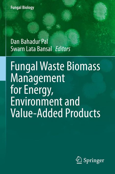 Titel: "Fungal Waste Biomass Management for Energy, Environment and Value-Added Products". Grüner Hintergrund mit Pilzstrukturen.