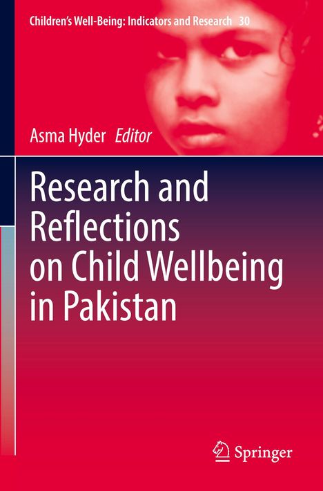 Titel: Research and Reflections on Child Wellbeing in Pakistan. Oben: Kinderfoto. Unten: Springer-Logo.