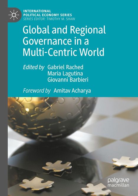 "Global and Regional Governance in a Multi-Centric World" auf blauem Hintergrund, Puzzle-Design im unteren Teil.