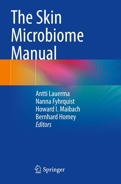 "The Skin Microbiome Manual" von Antti Lauerma und anderen, auf blauem Hintergrund mit einem farbigen Designmuster.
